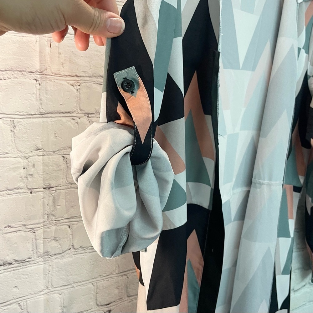 Geometric Chevron Maxi Shirt Dress Long Button Front Jacket Black Sage Peach - Picture 8 of 9